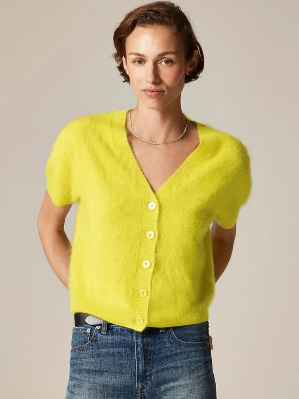 J Crew Brushed Cashmere Short-Sleeve Cardigan Chartreuse Sweater Medium NEW NWT